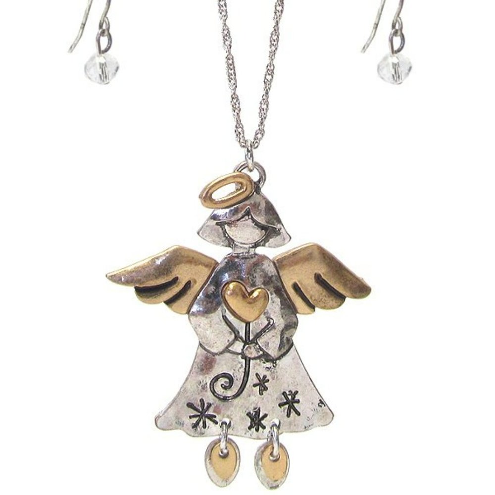 NEW Viola Rustic Angel Necklace & Earrings Set Two-tone
